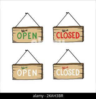 Wooden sign with text open and closed. Stock Vector
