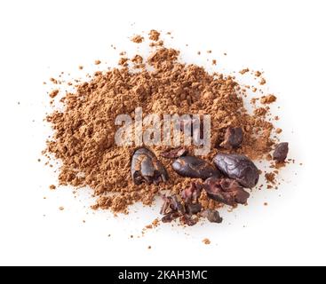 Heap of cacao powder with cocoa beans isolated on white background Stock Photo