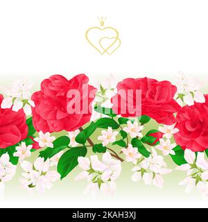 Floral border seamless background with flowers Camellia Japonica  with buds vector Illustration for use in interior design, artwork, dishes, clothing, Stock Vector