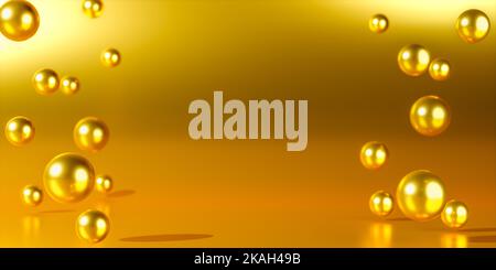 Background for product placement. Metal gold Spheres or balls on golden background with empty space. Scene stage mockup showcase for product, sale, ba Stock Photo