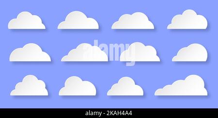 White paper cut clouds set isolated on blue background. Abstract different cloud shapes icon symbol collection. Network internet storage cartoon web banner. Think speech bubble origami concept Stock Vector