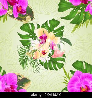 Seamless texture bouquet with tropical flowers  floral arrangement, with beautiful purple and yellow orchids, palm,philodendron and Brugmansia  vintag Stock Vector