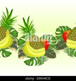 Border seamless background tropical fruit set with  tropical leaves ficus,palm,philodendron,vector Illustration for use in interior design, artwork, d Stock Vector