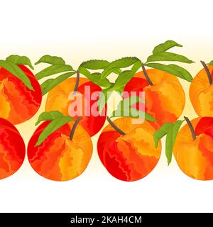 Border seamless background peach with leaves sweet fruit vector Illustration for use in interior design, artwork, dishes, clothing, packaging Stock Vector