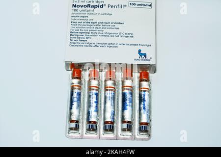 Cairo, Egypt, October 4 2022: NovoRapid 100 units ml solution for injection in cartridge insulin aspart to treat diabetes mellitus patients taken befo Stock Photo