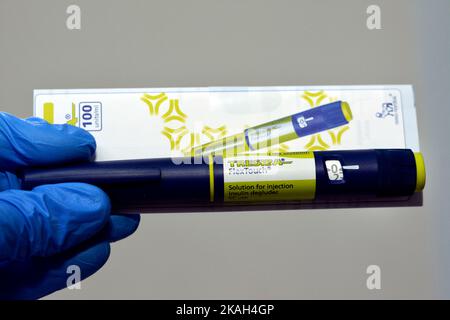 Cairo, Egypt, October 4 2022: Tresiba FlexTouch 100 units per ml by Novo Nordisk Company Novofine and NovoTwist Injection in prefilled pen long acting Stock Photo