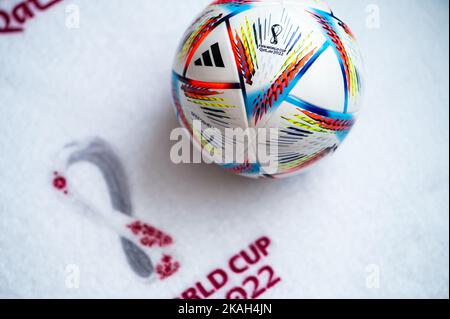 DOHA, QATAR, AUGUST 30, 2022: Fifa world Cup 2022 in Qatar. Football World Championship official logo on white blanket. Official Adidas World Cup Foot Stock Photo