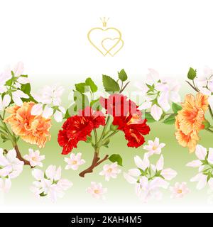 Floral border seamless background branches yellow and red hibiscus tropical flowers   vintage  vector Illustration for use in interior design, artwork Stock Vector