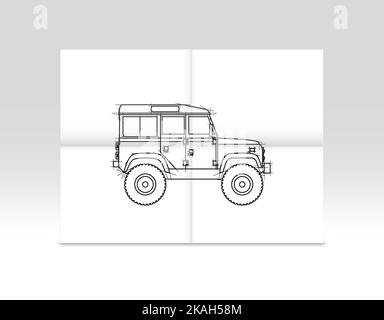 An old British off-road vehicle as a sketch on a sheet of paper Stock Vector