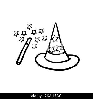 A pointed magic hat and wand with flying stars Stock Vector