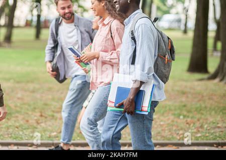multi - ethnic group of young people walking together . Stock Photo