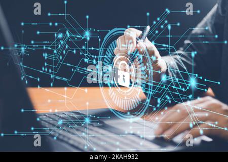 Cyber security IT engineer working on protecting network against cyberattack from hackers on internet. Secure access for online privacy and personal d Stock Photo