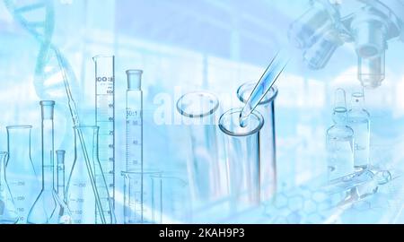 Research, science, medicine in laboratory with microscope, pipette, test tube, syringe, DNA and formula Stock Photo