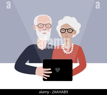 Elderly couple using tablet, taking photo. Senior citizens using modern technology. Stock Vector