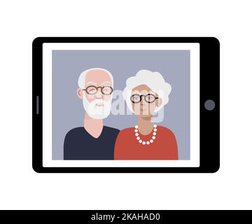 Elderly couple using tablet, video call. Senior citizens using modern technology. Stock Vector