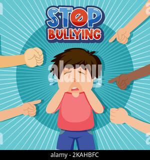 Stop Bullying text with kid surrounded by pointing fingers illustration Stock Vector