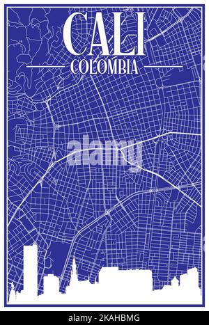 Blue vintage hand-drawn printout streets network map of the downtown CALI, COLOMBIA with highlighted city skyline and lettering Stock Vector