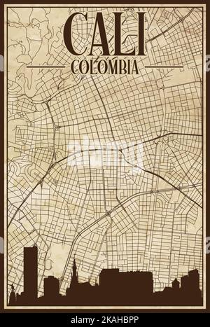 Brown vintage hand-drawn printout streets network map of the downtown CALI, COLOMBIA with highlighted city skyline and lettering Stock Vector