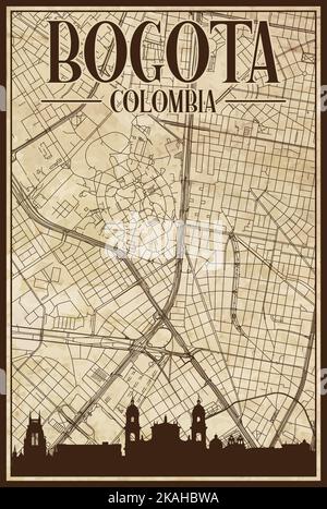 Brown vintage hand-drawn printout streets network map of the downtown BOGOTA, COLOMBIA with highlighted city skyline and lettering Stock Vector