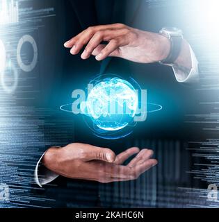 Tech digital, world globe and businessman hands, hologram data blockchain or digital marketing. Growth information technology, innovation media Stock Photo