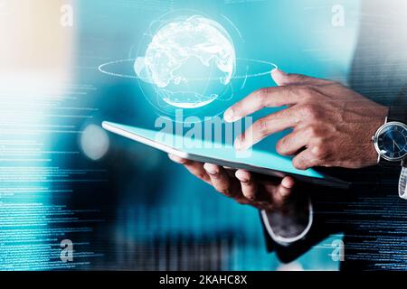 Businessman, tablet and futuristic globe networking online for nft, blockchain or crypto with 3d overlay. Cyber, future and internet investment Stock Photo