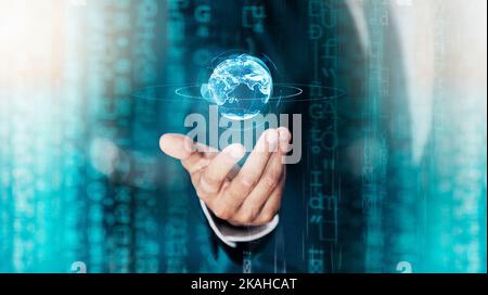 Digital overlay, earth hologram and futuristic global technology future of network connection, online iot infrastructure and cloud computing software Stock Photo