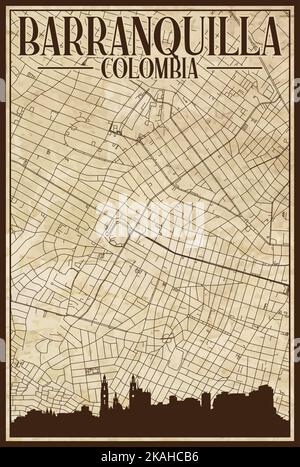 Brown vintage hand-drawn printout streets network map of the downtown BARRANQUILLA, COLOMBIA with highlighted city skyline and lettering Stock Vector