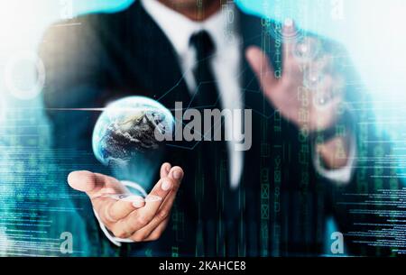 Digital overlay, earth hologram and network connection infrastructure for futuristic communication, global technology system and 5g blockchain. Big Stock Photo