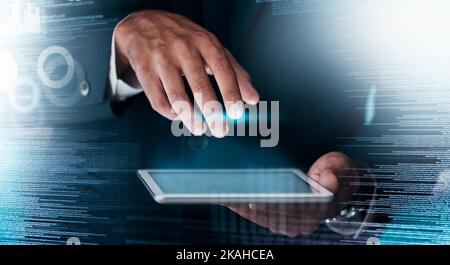 Digital overlay, tablet and business hands with information technology innovation, big data and cybersecurity software system. Ai futuristic, coding Stock Photo