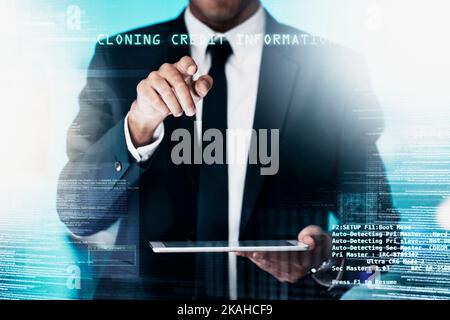 Hacking, cybercrime and digital overlay of credit card information theft, identity fraud and cyber security threat. Fintech blockchain technology Stock Photo