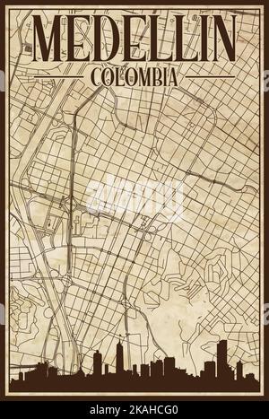 Brown vintage hand-drawn printout streets network map of the downtown MEDELLIN, COLOMBIA with highlighted city skyline and lettering Stock Vector