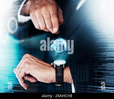 Businessman with earth hologram, future technology and time with space and digital overlay, computer software and 3d connect. Global futuristic tech Stock Photo