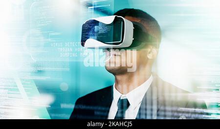 Futuristic businessman, vr and data hologram, innovation and technology in virtual cyber security office. Augmented reality, digital transformation Stock Photo