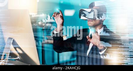 VR, businessman and web developer in cyber metaverse, seo coding and big data, digital transformation and innovation. Virtual reality graphics Stock Photo