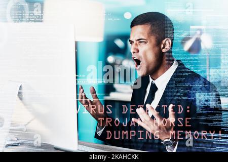 Businessman, angry and computer with virus, glitch or 404 error while working in a office with overlay or double exposure. Corporate employee upset Stock Photo