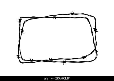 Barbed wire rectangle frame. Hand drawn vector illustration in sketch style. Design element for military, security, prison, slavery concepts Stock Vector