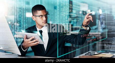 Cyber, it and digital overlay with password for security on biometric system in an office. Technology, computer and businessman working on future Stock Photo