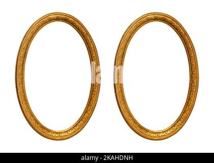 Oval empty transparent wooden and gold gilded ornamental frame, isolated on white background Stock Photo