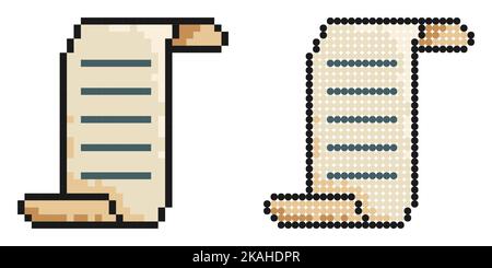 Pixel icon. Scroll paper icon. Papyrus paper rolled up. Conclusion and signing of agreement on papert. Simple retro game vector isolated on white back Stock Vector