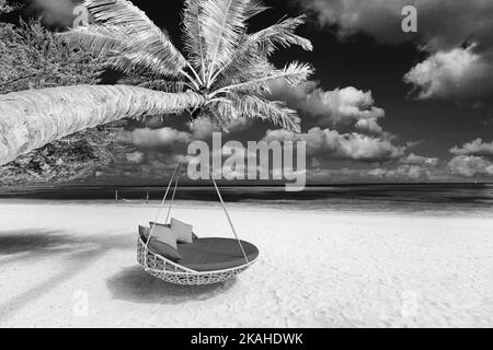 Black and white tropical beach panorama as summer landscape with beach swing or hammock and white sand and dark sea for beach banner. Luxury beach Stock Photo