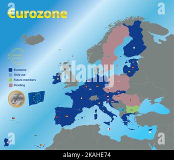 Euro zone, map of the joining countries in 2023, vector illustration Stock Vector