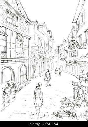 Old town street with strolling passers-by. Hand drawn ink illustration. Pedestrian zone in black and white. Stock Photo