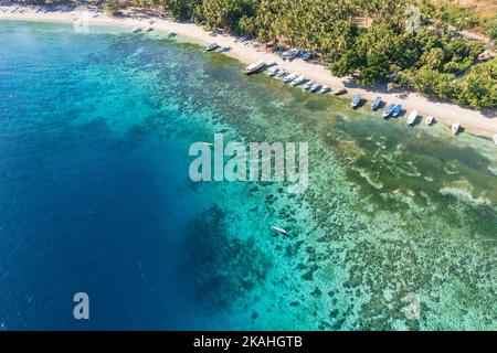 Aerial view of boats on Kecinan beach, Lombok, West Nusa Tenggara, Indonesia Stock Photo