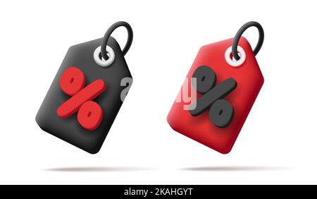 Set of 3d price tags, rounded cartoon style badges with volume percent sign, isolated Stock Vector