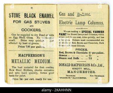 Original inside page with adverts, stove blacking, lamps - Diary from Donald Macpherson & Co. Ltd. Manufacturers of Oils Paints Colours & Varnishes, Knott Mill, Manchester, U.K. Dated 1909. Stock Photo