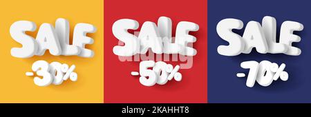 Sale 3d letters rounded with percent off discount, render cartoon label set Stock Vector