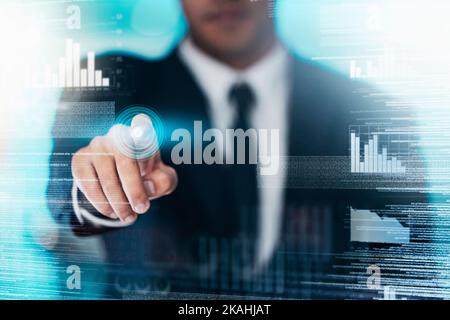 Hologram, technology and digital trading data analytics with business man using AI for stock market, investment and finance growth chart. Double Stock Photo