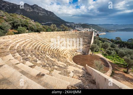 Greek theatre in ancient Greek city of Antiphellos, near modern day Kas, Turkey. Stock Photo