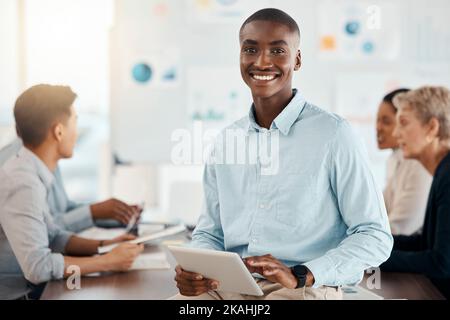 Black man, business and leadership, presentation with tablet and team meeting portrait for project planning and strategy. Leader, corporate and Stock Photo