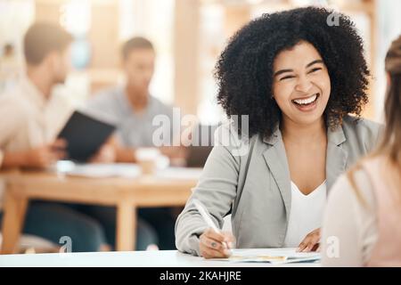 Happy black woman writing notes in office meeting, planning and strategy development with business motivation, happiness and mission for goals. Smile Stock Photo